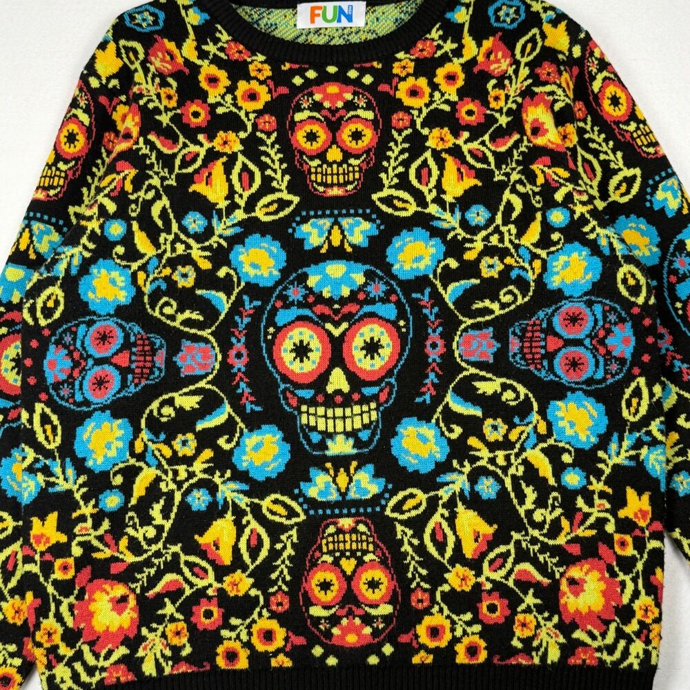 Fun.com Size L Sugar Skull Sweater Black Floral Day Of The Dead Crewneck Top - Picture 5 of 8
